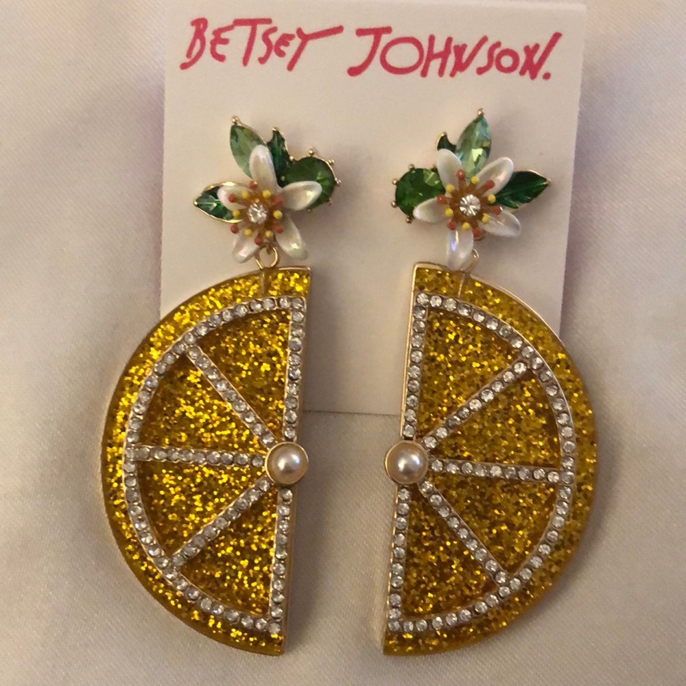 Betsey Johnson Gold Tone & Yellow Lemon Slice Drop Earrings Crystal Accents NWT